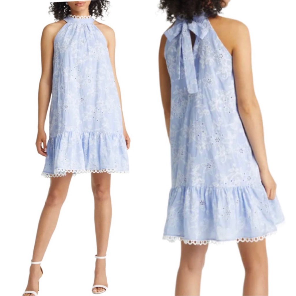 New Eliza J Day Embroidered Eyelet Cotton Dress Blue